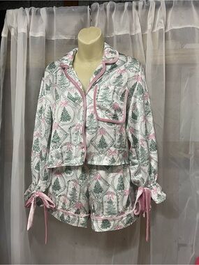 Altar'd State White Pajama Set with Pink Trim and Green Tree Print